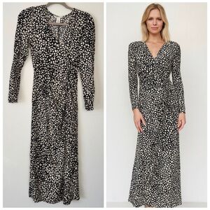 H&M Maxi Dress Animal Print Long Sleeve Slit V Neck Ruched Black Tan Crepe Sz S